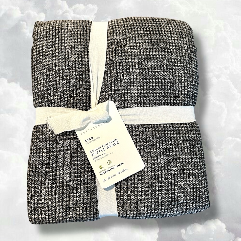 2 NWT Pottery Barn European Linen Flax WAFFLE WEAVE Pillow Shams Ebony 26x26
